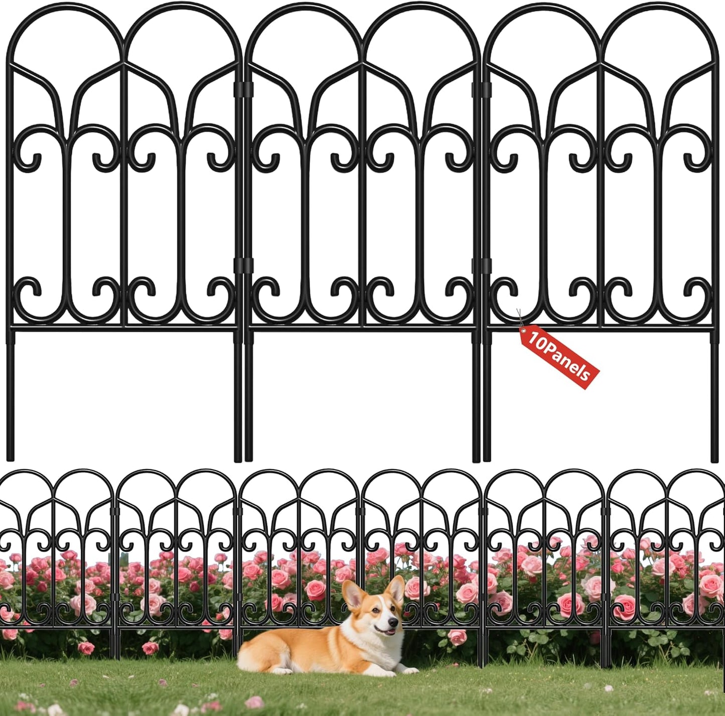 AMAGABELI GARDEN & HOME 10 Panels 22in(H)×10ft(L) Decorative Garden Fences and Borders for Dogs No Dig Metal Fence Panels Garden Edging Border Fence for Animal Barrier Fencing for Flower Beds Yard