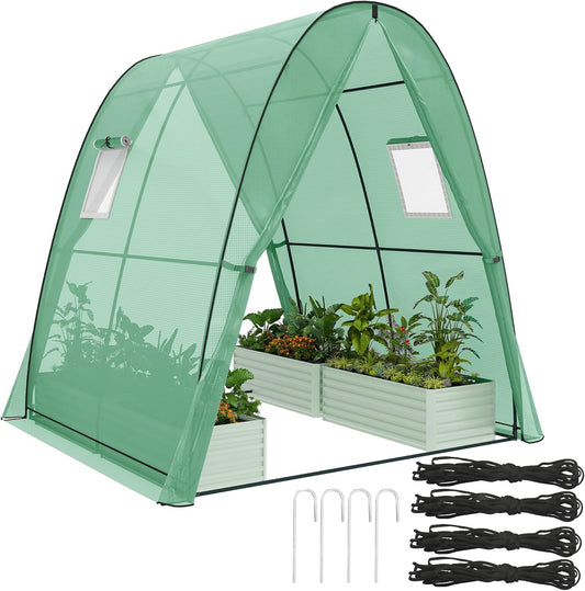 Outsunny 6' x 6' x 6.6' Hoop House Greenhouse with Sandbags and Hemmed PE Cover, Walk-in Tunnel Green House with 2 Doors and Screen Windows, Portable Greenhouse Gardening Plant Hot House, Green