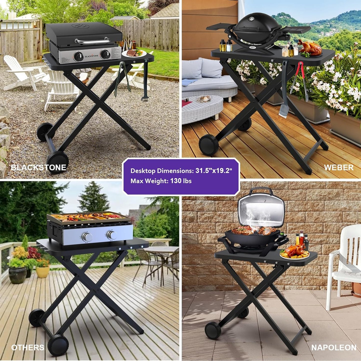 Portable Grill Table, Outdoor Prep Table with 2 Wheels, Pizza Oven Cart for Ninja Woodfire, Ninja Woodfire XL Pro, Weber Q, Ooni Table Top Grill, Folding Grill Cart for Picnic, Camping, RV