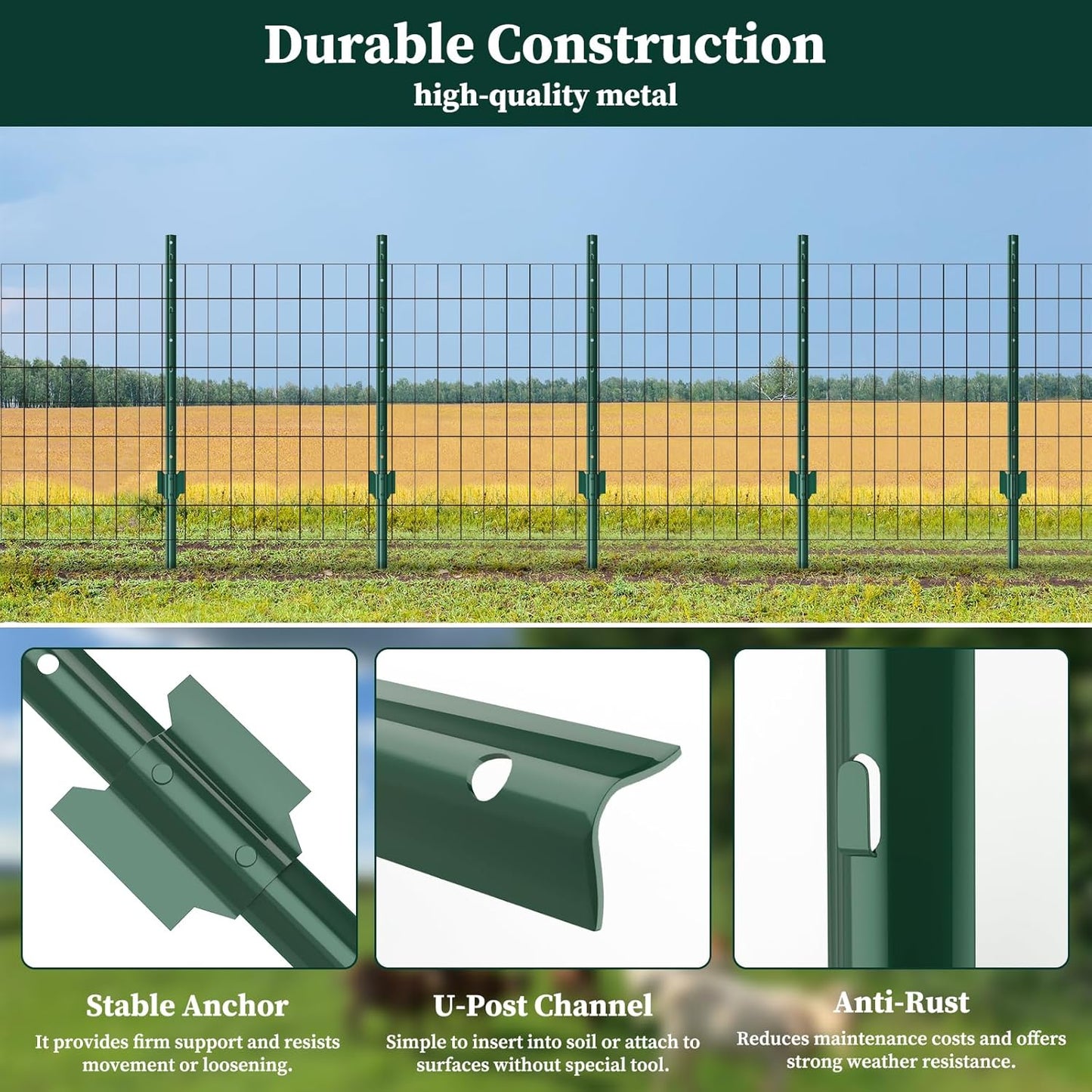 20 Pack Garden Fence Post, 4 Feet Heavy Duty Metal U-Post for Wire Fence, No Dig Garden Fence Stakes for Temporary Fencing, Electric Fence Wire, Corner Anchor, and More-Green