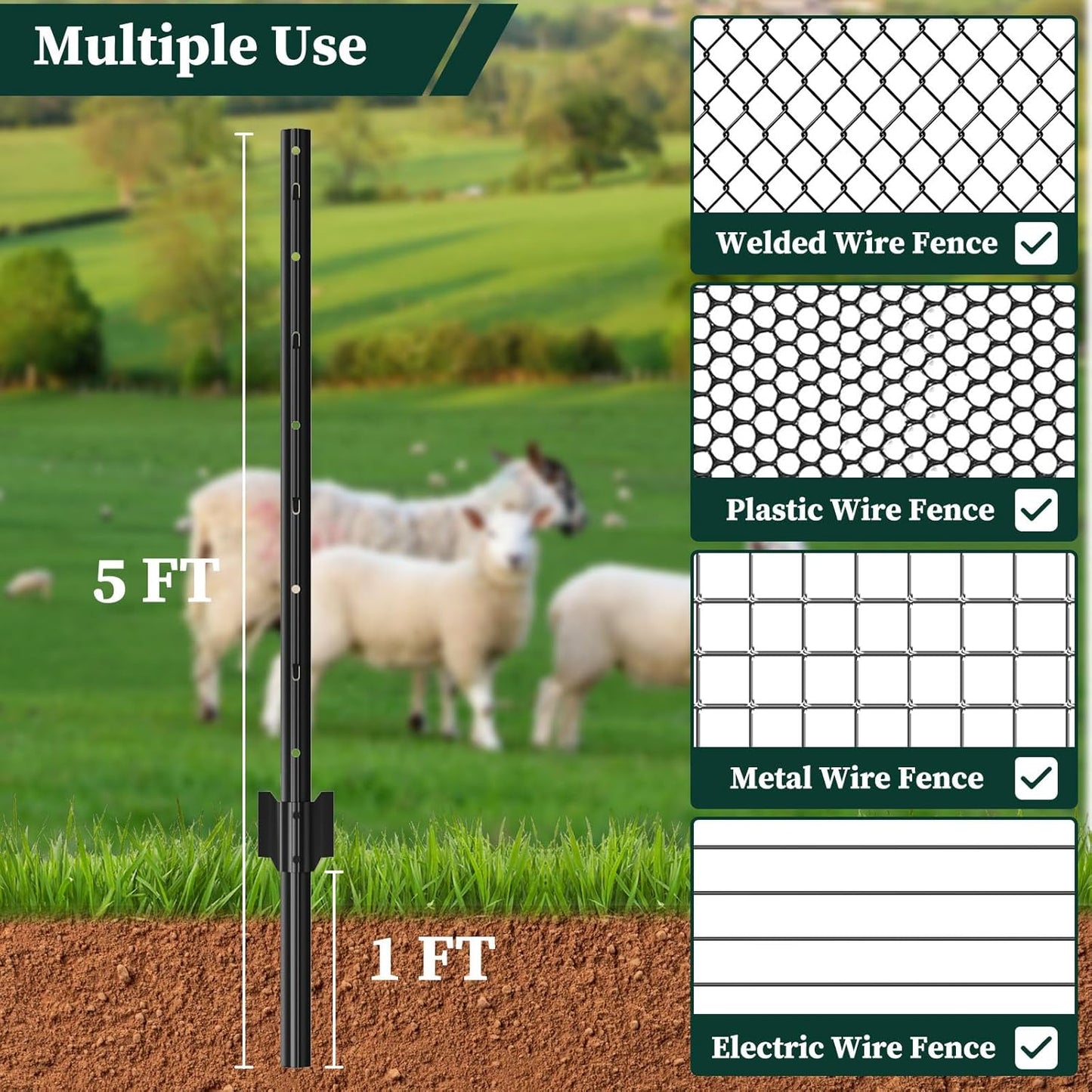 10 Pack Garden Fence Post, 5 Feet Heavy Duty Metal U-Post for Wire Fence, No Dig Garden Fence Stakes for Temporary Fencing, Electric Fence Wire, Corner Anchor, and More-Black