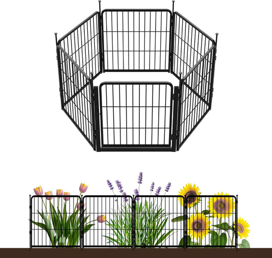 Decorative Garden Fence with Gate 24 in(H) x 11.1 ft(L) 6 Panels, Heavy Duty Metal Animal Barrier Fence for Yard, Flower Bed Fencing, Garden Border Fence, Easy Set Up, Black