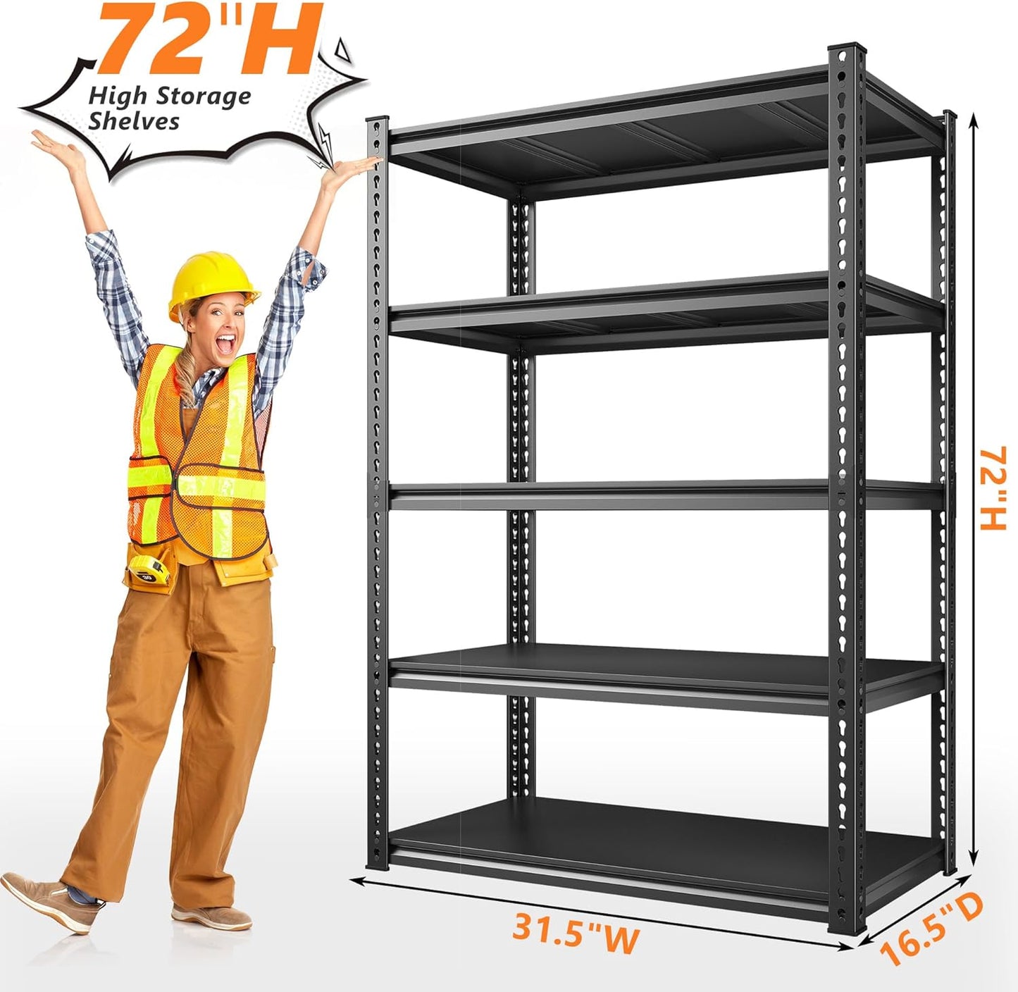 REIBII 72" Garage Shelving,Storage Shelves 2050LBS Heavy Duty Shelving, Adjustable 5-Tier Metal Shelves for Garage, Storage, Basement, Pantry, 72" H*31.5" W*16.5" D
