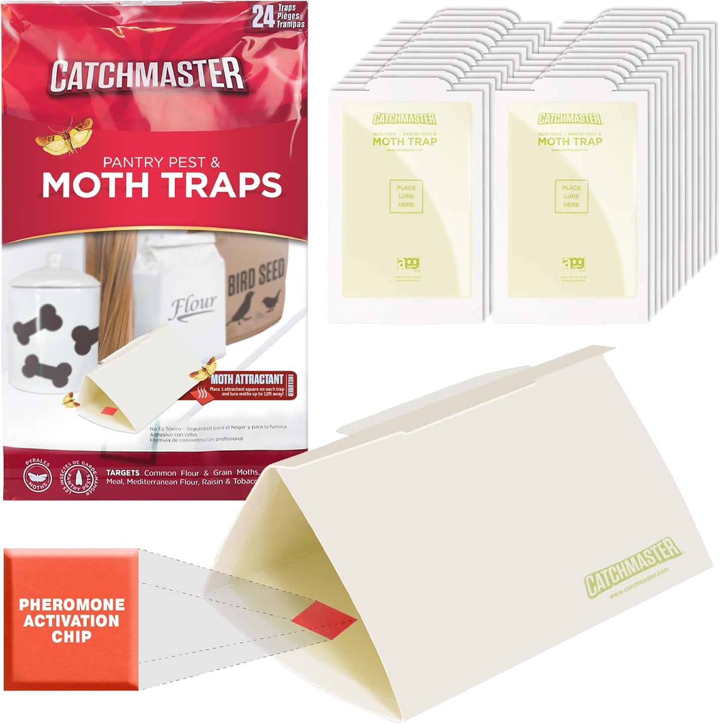 Catchmaster Pantry Pest & Moth Traps 24-Pk, Bug Killer for Kitchen Storage & Pantry Cabinet, Sticky Moth Traps for House, Protect Pet Food, Kitchen Cabinets Storage, Pet Safe Glue Trap