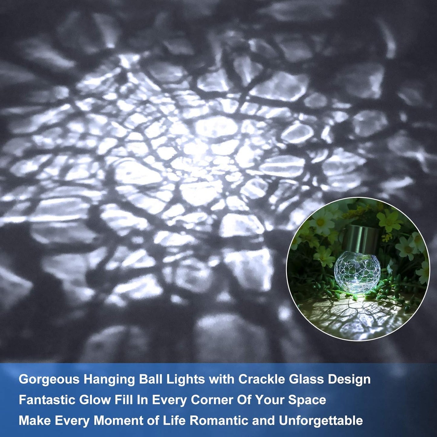 12Pack Outdoor Hanging Solar Lights - Solar Powered Crackle Glass Ball Lights Waterproof Tree Hanging Outdoor Globe Lights with Hook for Garden Balcony Patio Christmas Party Decoration, Daylight White