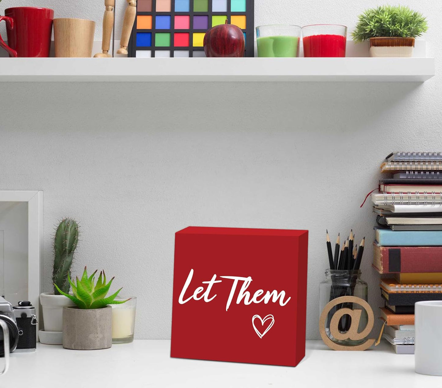 Let Them Wooden Box Sign 5 X 5", Farmhouse Desk Sign Boss Lady Office Cubicle Decor, Let Them Desk Accessories for Therapist Office Living Room Bathroom, Inspirational Boss Gifts for Women (Red)