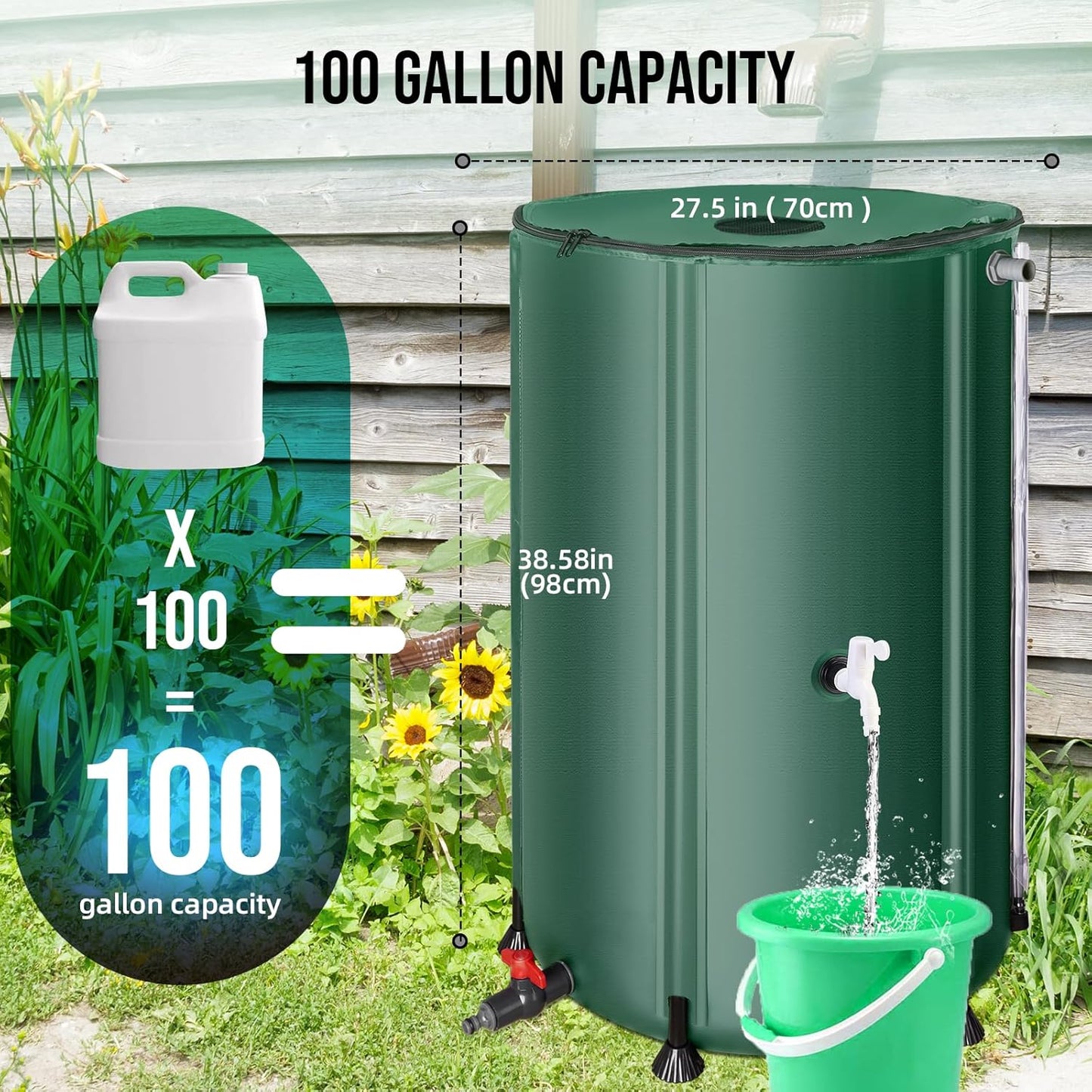 Collapsible Rain Barrel Water Collection System - 100 Gallon Portable Water Storage Tank,Foldable Rainwater Collect System Downspout, Water Catcher Container with Filter, Spigots＆Overflow Kit,Green
