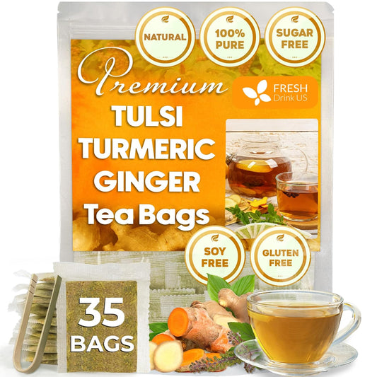 FreshDrinkUS, Premium 35 Tulsi Turmeric Ginger Tea Bags, 100% Natural & Pure from Tulsi Holy Basil Leaves, Turmeric and Ginger. Made with Natural Material Tea Bags. No Sugar, No Caffeine, Vegan.