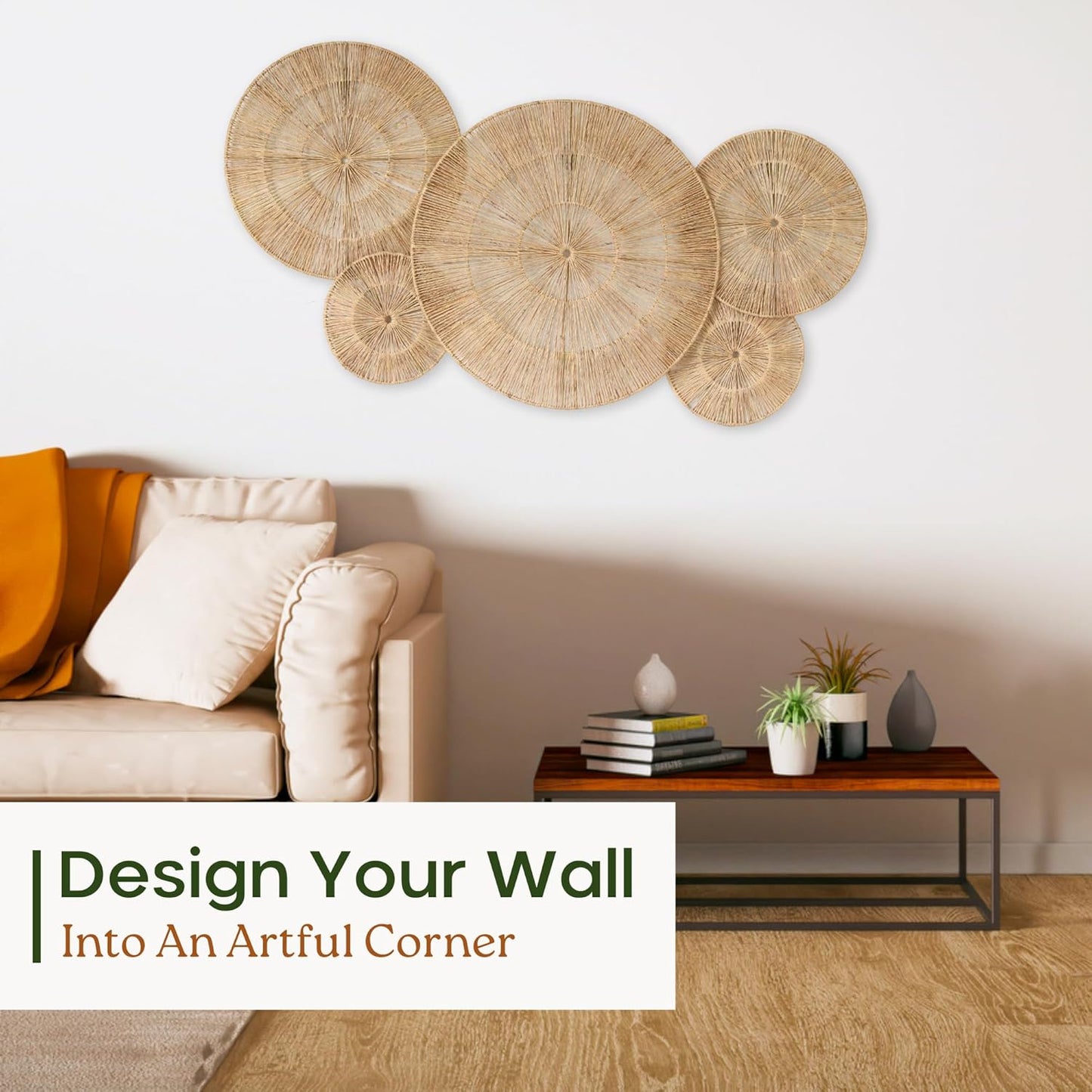 CHI AN HOME 18 Inch Boho Wall Decor – Set of 5 Woven Jute Wall Baskets, Boho Wall Art & Decorative Basket Set, Farmhouse Wall Hanging, Handwoven Wall Plates for Living Room, Bedroom – 18", 14", 11", 8", 7"