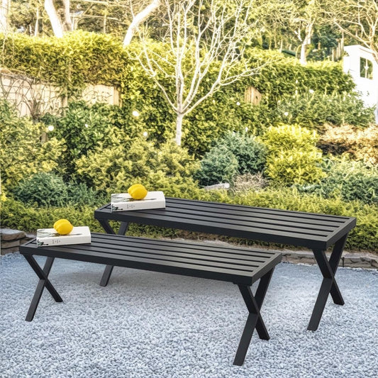 Backless Outdoor Bench Set of 2, Metal Patio Bench, Garden Bench for Front Porch, Backyard and Deck, Black