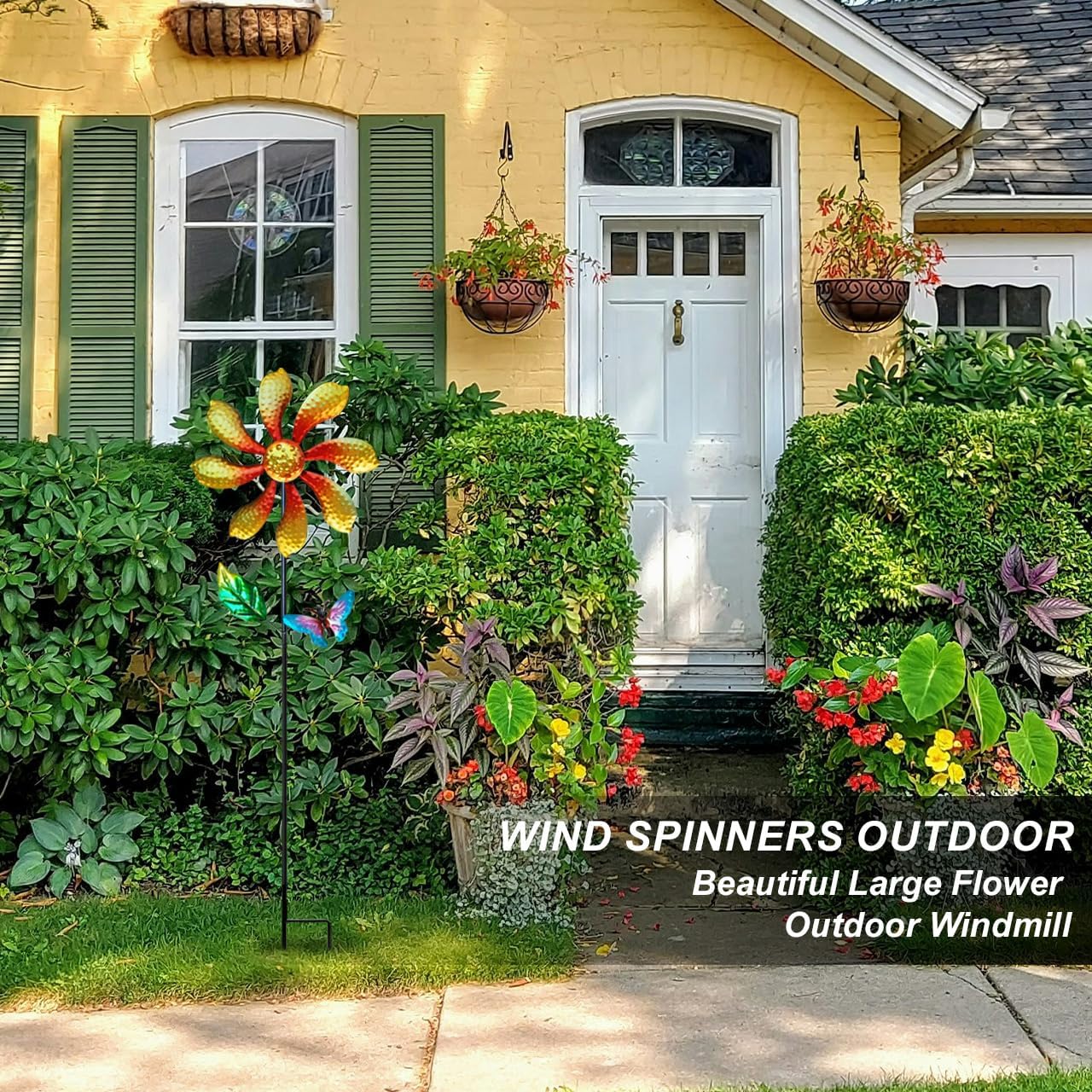 Metal Outdoor Flower Wind Spinner with Yellow Floral & Blue Butterfly, Decorative Kinetic Wind Sculpture for Yard, Garden, Patio, Lawn - Vibrant Garden Art & Lawn Ornament for Outdoor Decor