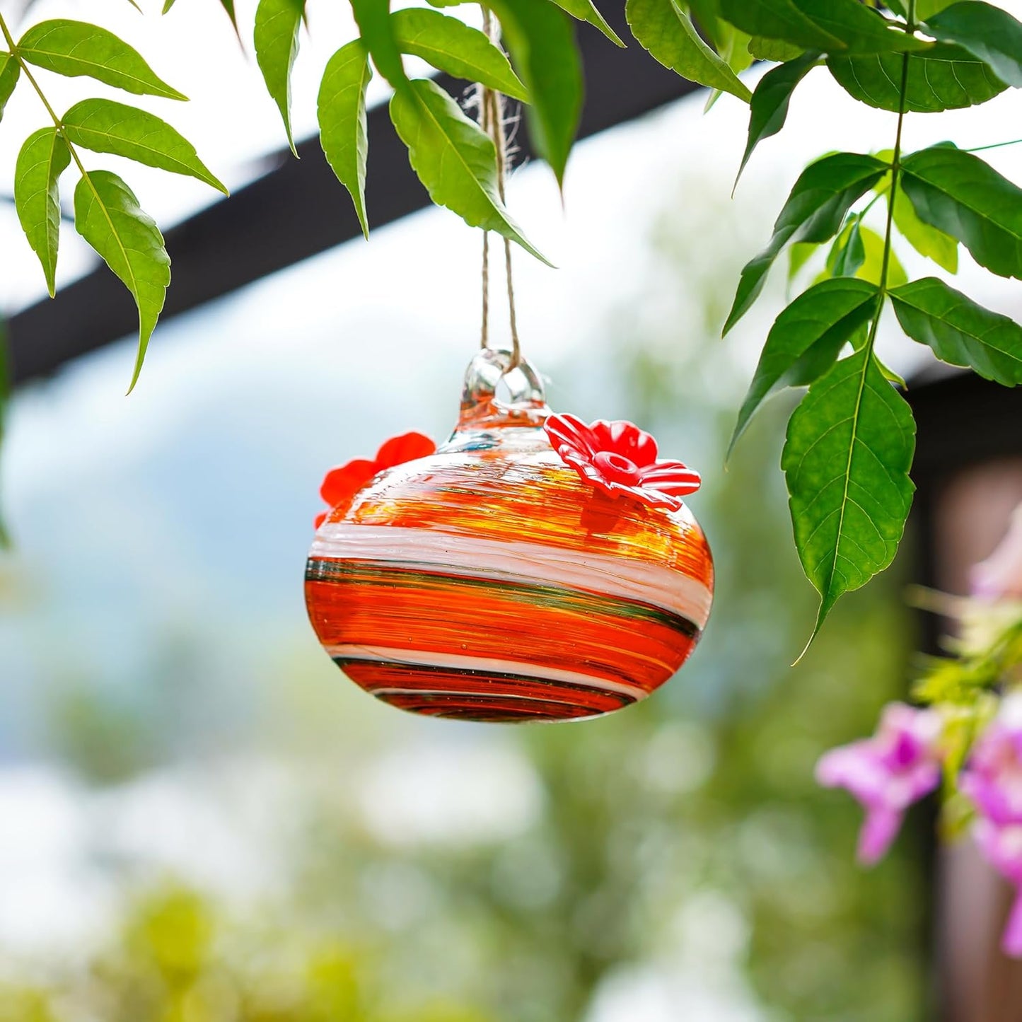 Small Glass Hummingbird Feeders for Outdoors Hanging Blown Glass Ball Humming Birds Feeder with 2 Feeding Ports for Outside Garden Patio Decor for Window