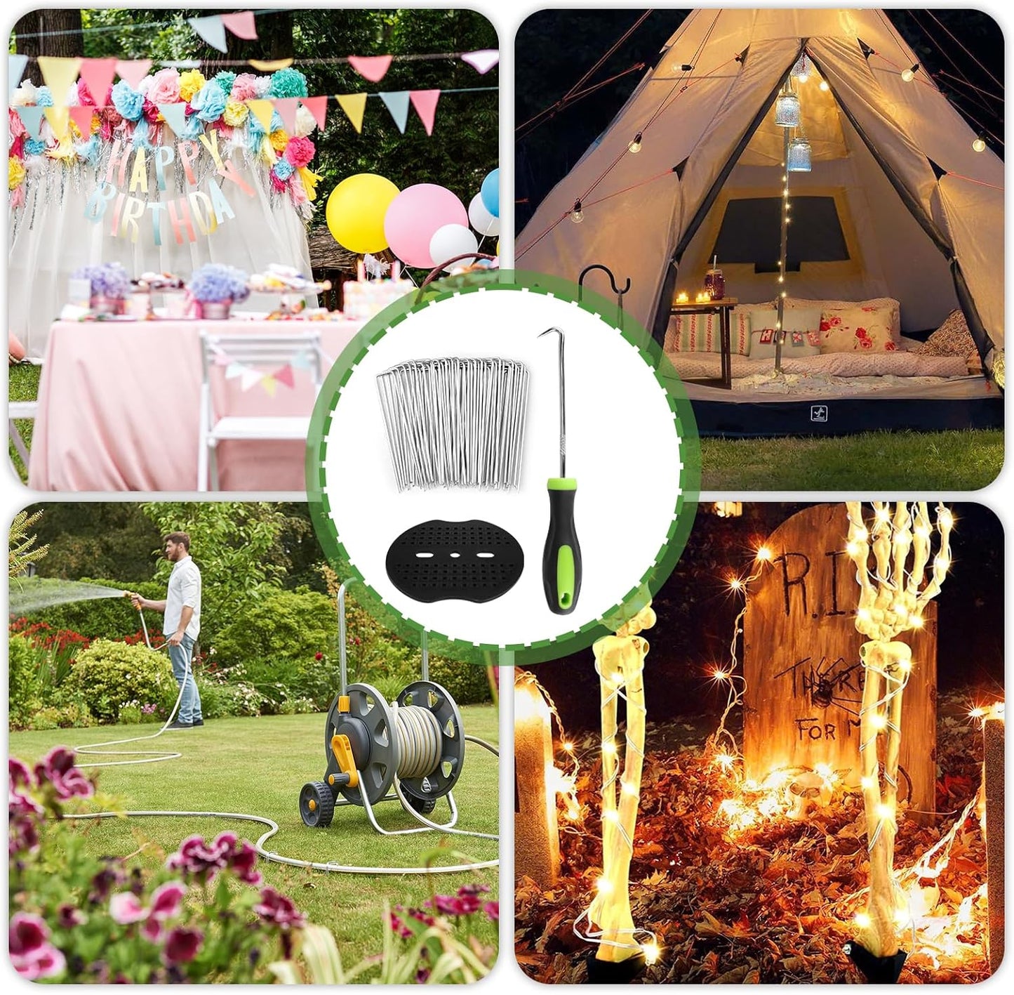 Garden Stakes,6 Inch 11 Gauge 200pcs Galvanized Landscape Staples and 200pcs Gaskets +1Pick Hook, Tent Stakes Landscaping Fabric SOD Pins for Weed Fabric Barrier,Groud Cover,Fence