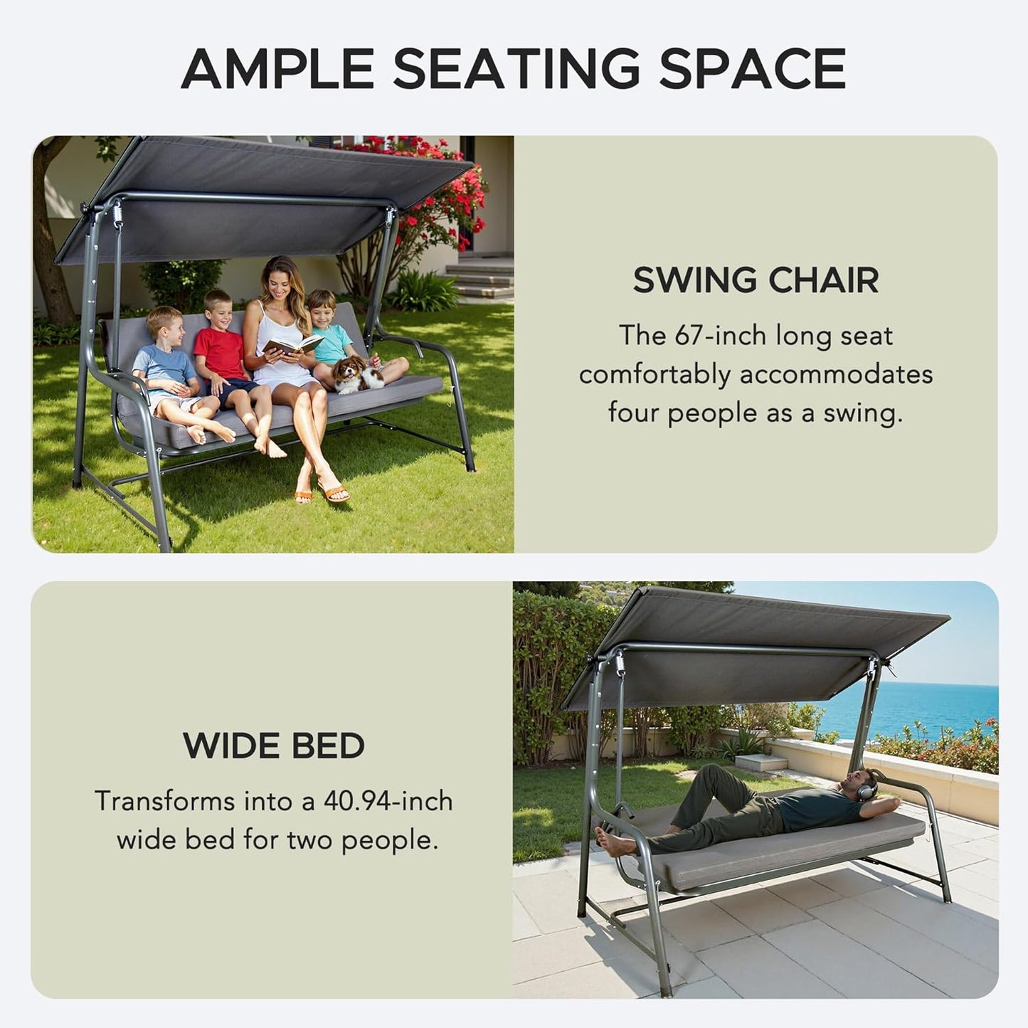 SUNJOY 3-4 Seat Luxury Outdoor Porch Swing, Steel Patio Swing with Elastic Metal Mesh Seat, Convertible Design, Cushion and Adjustable Canopy for Garden, Poolside, Backyard, Grey - Made in Italy