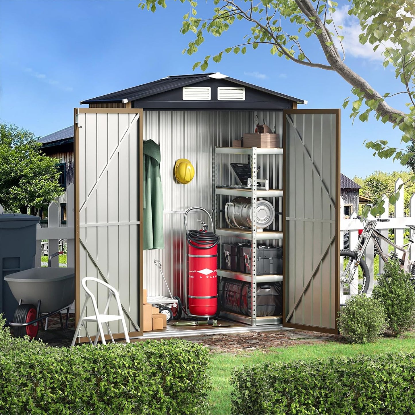 3X5FT Outdoor Steel Storage Shed with Lockable Doors, One Window,Ideal for Garden, Backyard, Patio Storage,Brown