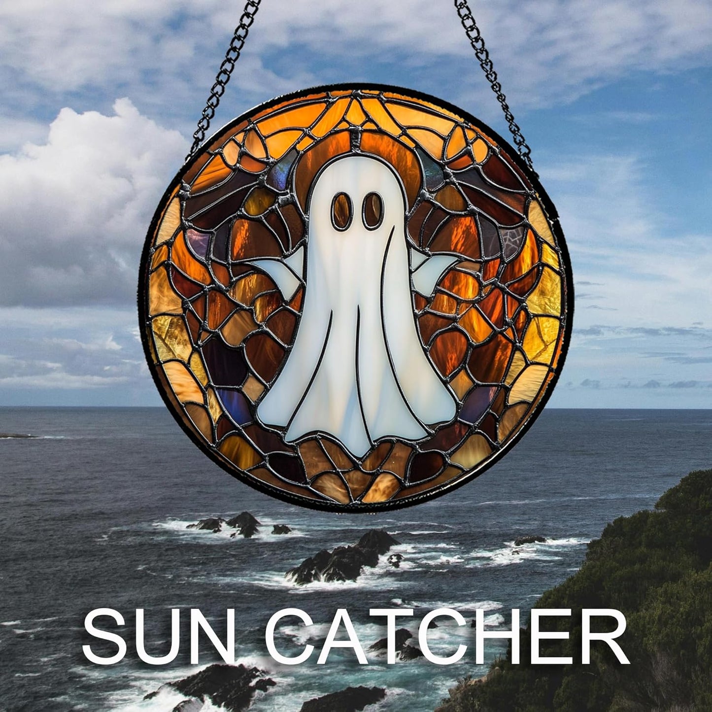 Stained Glass Window Hanging Halloween White Horror Ghost 7.8" - Suncatcher Door Garden Kitchen Sun Catcher Home Gothic Decor Birthday for Mom Men Woman Friend Grandma