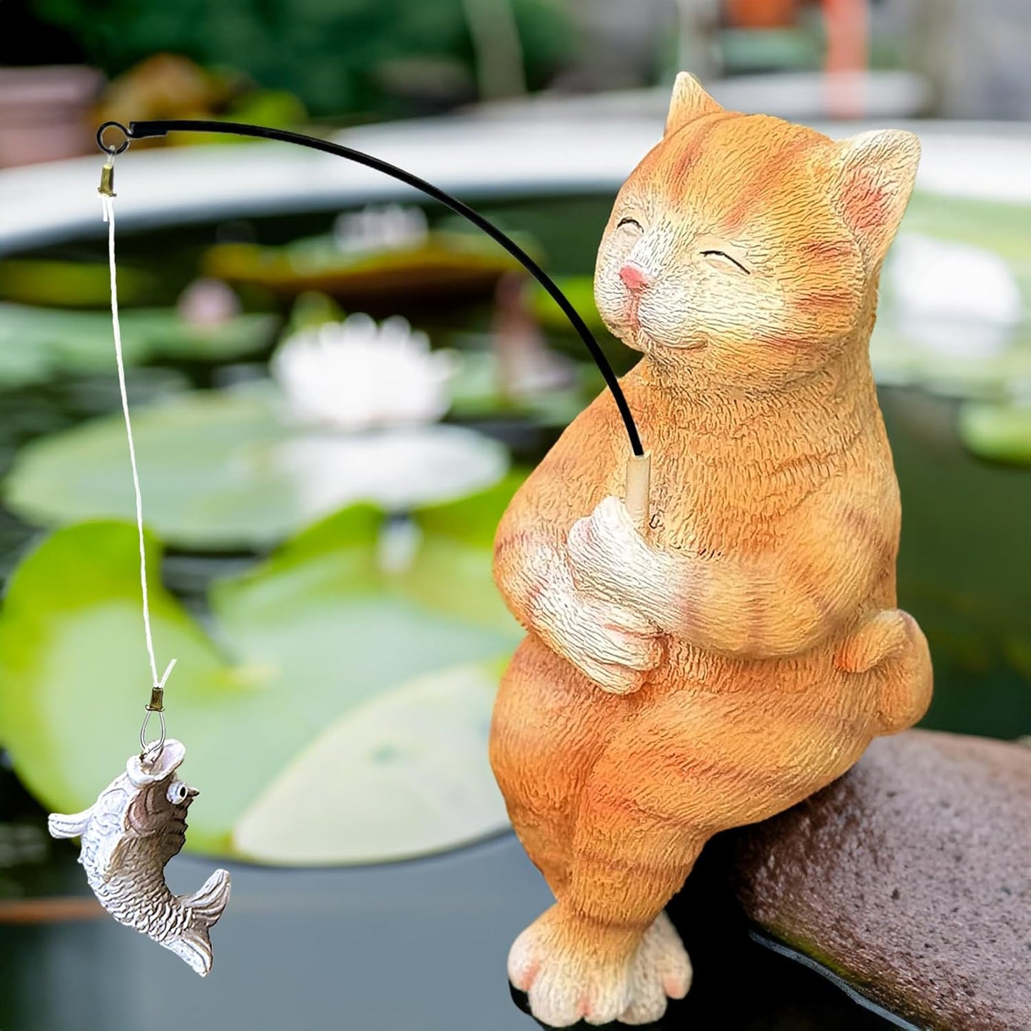 Garden Funny Orange Cat Pond Statue - 11" Cat Fishing Poolside Decor, Animals Outdoor Statue