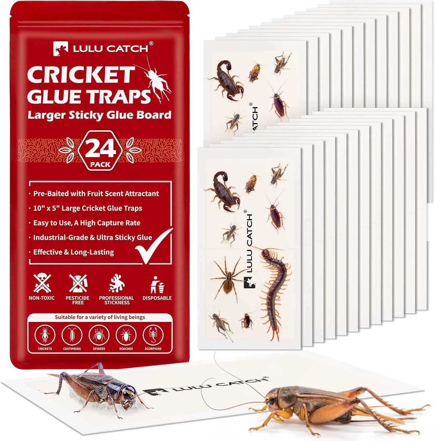 LULUCATCH Cricket & Insect Glue Traps 24 Pack, Adhesive Bug Catcher, Pre-Baited Spider Scorpion Trap, Non-Toxic Glue Boards Indoor for Home Catching Bugs,Small Mice & Rodents, Pet Safe Pest Control
