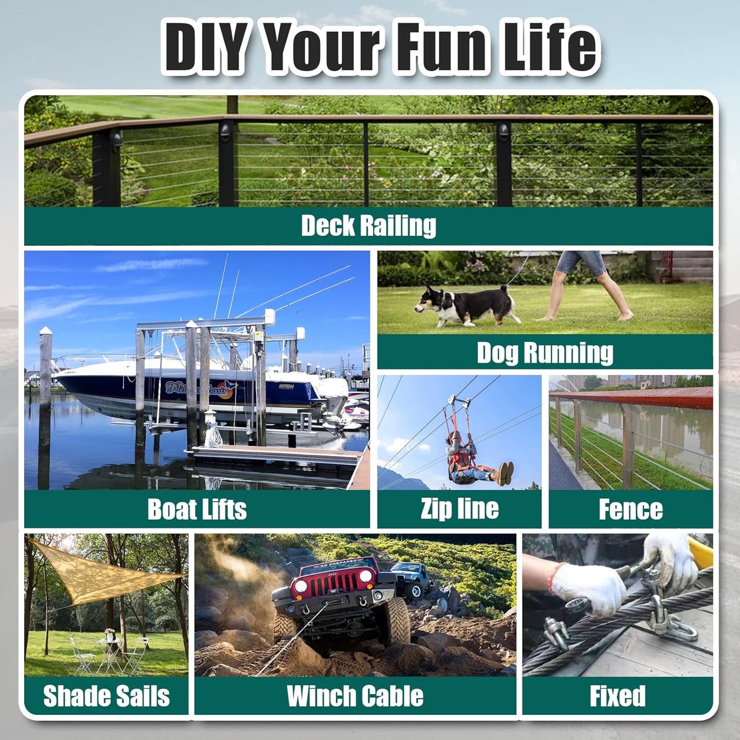 1/4" Stainless Steel Cable, 100FT Wire Rope, 7X19 Strands Aircraft Cable, 6400lbs Breaking Strength, for Zipline, Outdoor, Deck Railing, Heavy Duty Applications, Hanging