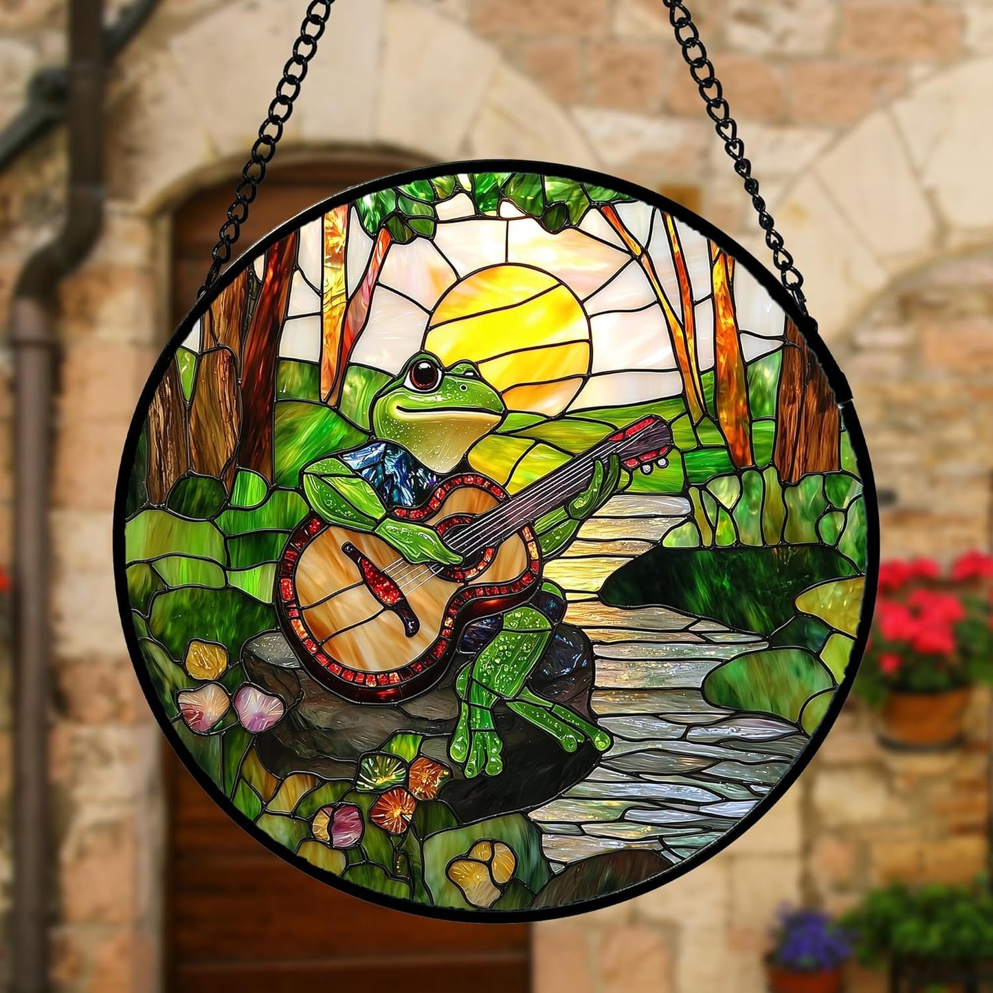 Stained Glass Window Hanging, Frog Playing Guitar Suncatcher Diamond Glass Panel Funny Sun Catchers Decor for Birthday for Women, Men, Wife, Aunt, and Mom 9.8 in