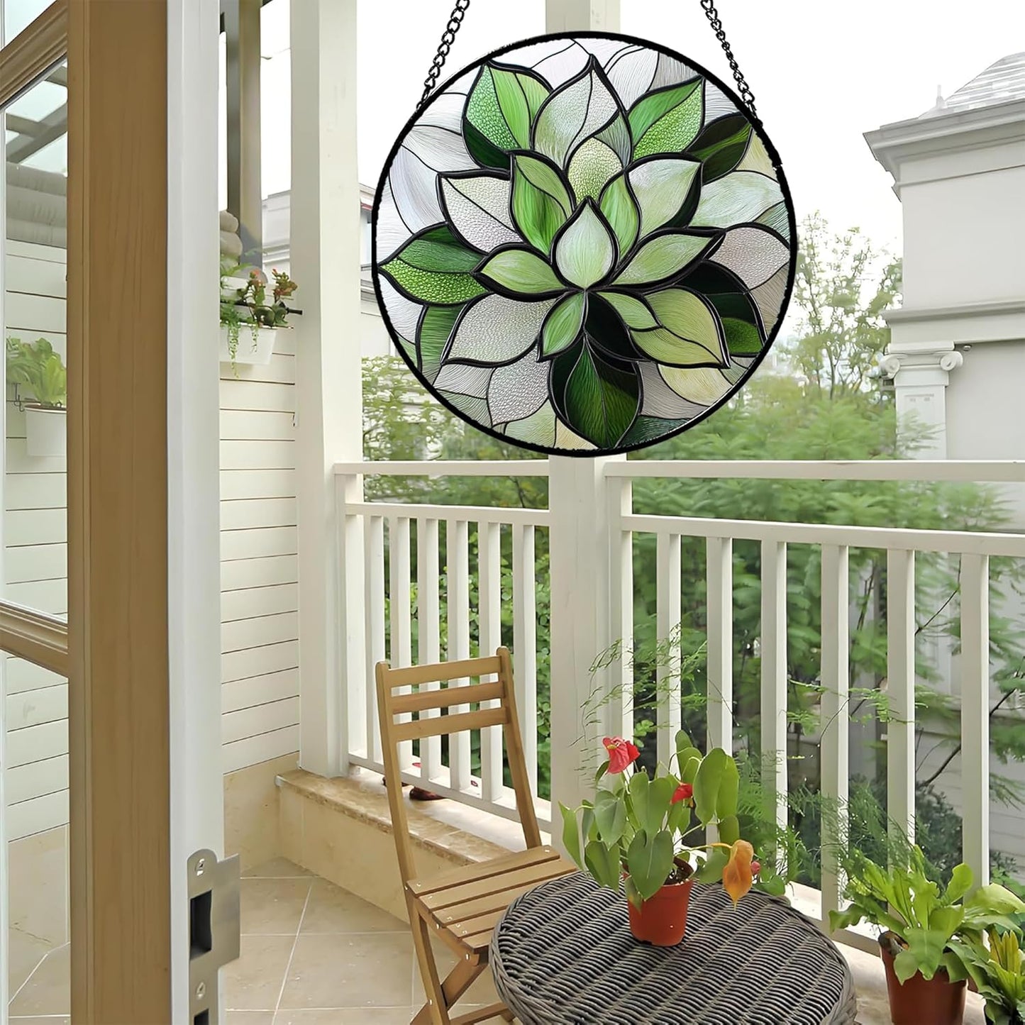 Stained Glass Window Hanging - Green Succulent Plants Suncatcher for Doors Garden Patio Floral Sun Catchers Decor Christmas Mother's Day Birthday Gifts for Women Men Mom Nana Friend 7.8 in