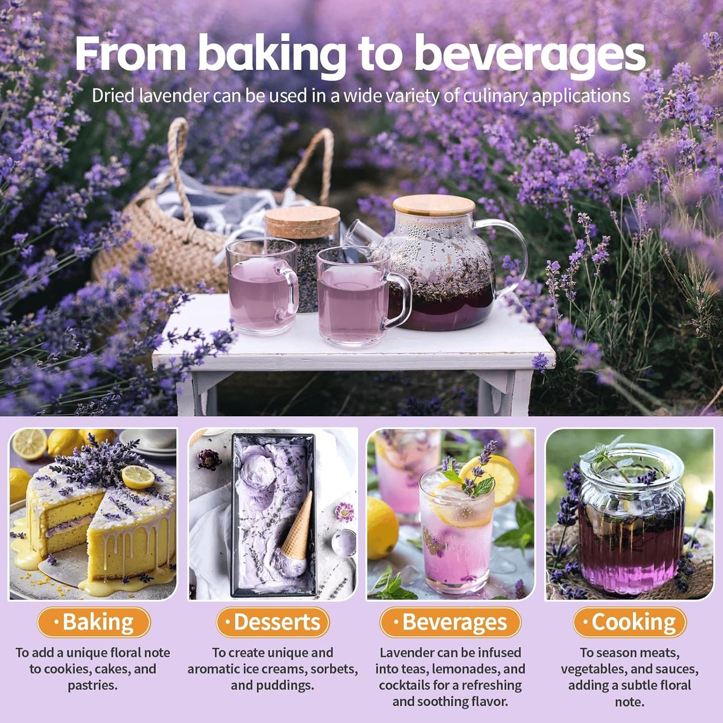 Dried Culinary Lavender Flowers - Food Grade Lavender Buds(4 oz), for Tea, Baking, Potpourri, Home Fragrance & Sachets, Edible Flowers - Gluten Free