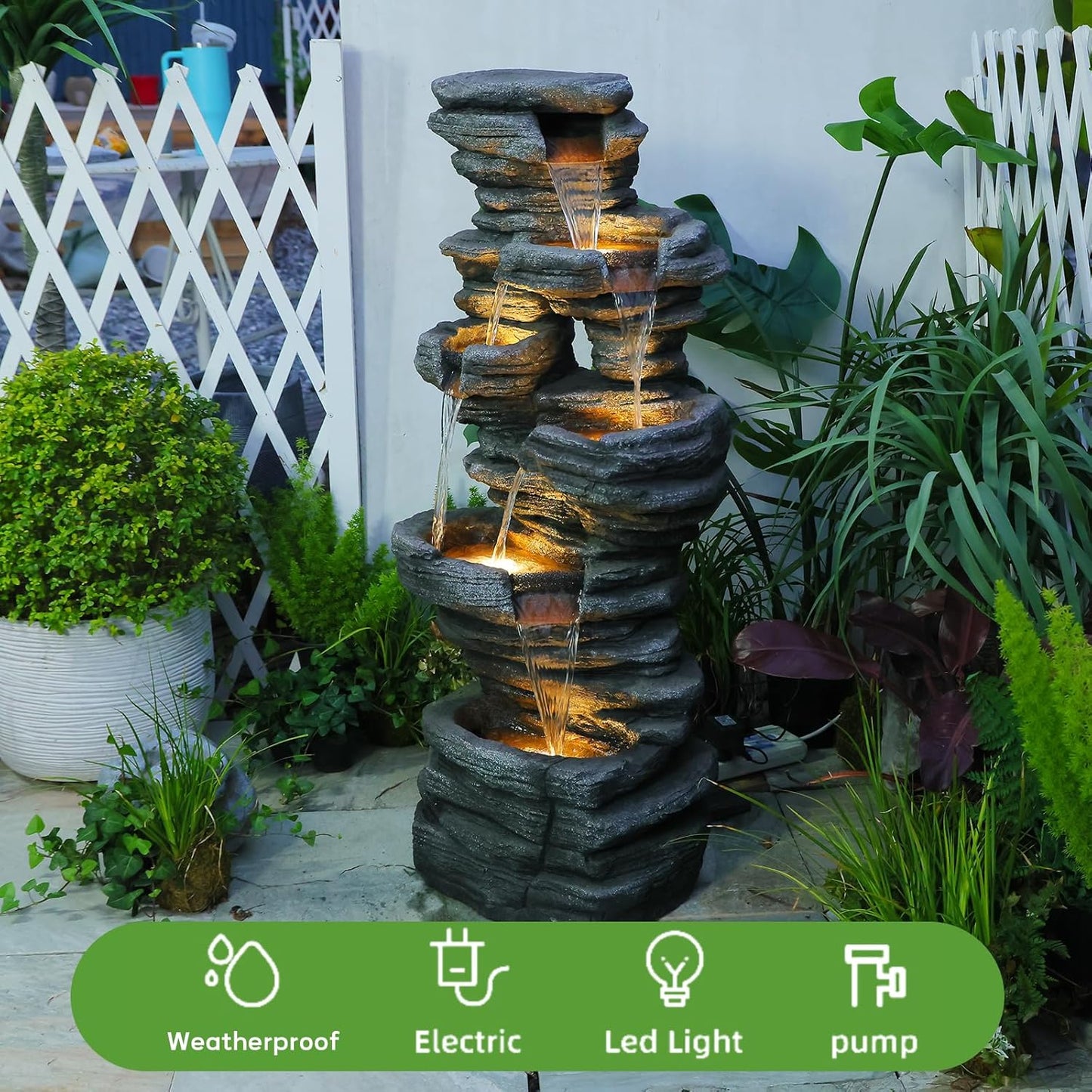 42.5" H Garden Outdoor Water Fountain with LED Lights & Pump, Mutiply-Tier Cascading Outdoor Fountain for Garden,Patio,Porch,Backyard,Home Art Decor
