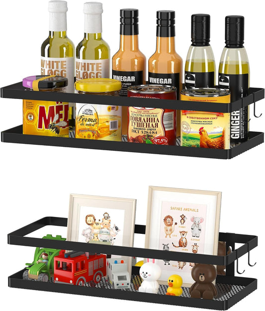 PUSDON Hanging Storage Baskets Organizer Wall Mount, Metal Wire Storage Bin Rack for Kitchen Bathroom Shower Spice Shelf Home Decor Essentials Black-2 Packs(Guardrail)