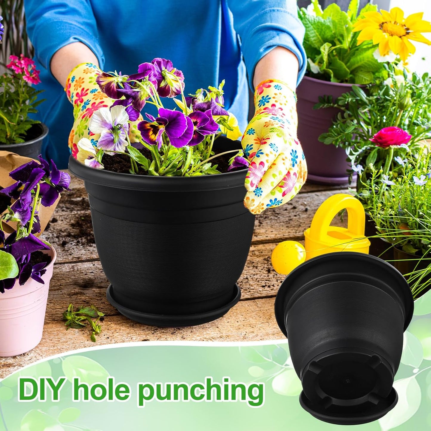 12 Pack Plastic Plant Pots Round Planter Pots with Saucer Tray Seedling Pot Hole Seed Resin Plant Pot Starting Nursery Flower Container with Pallet for Garden Outdoor Indoor (Black,12'')