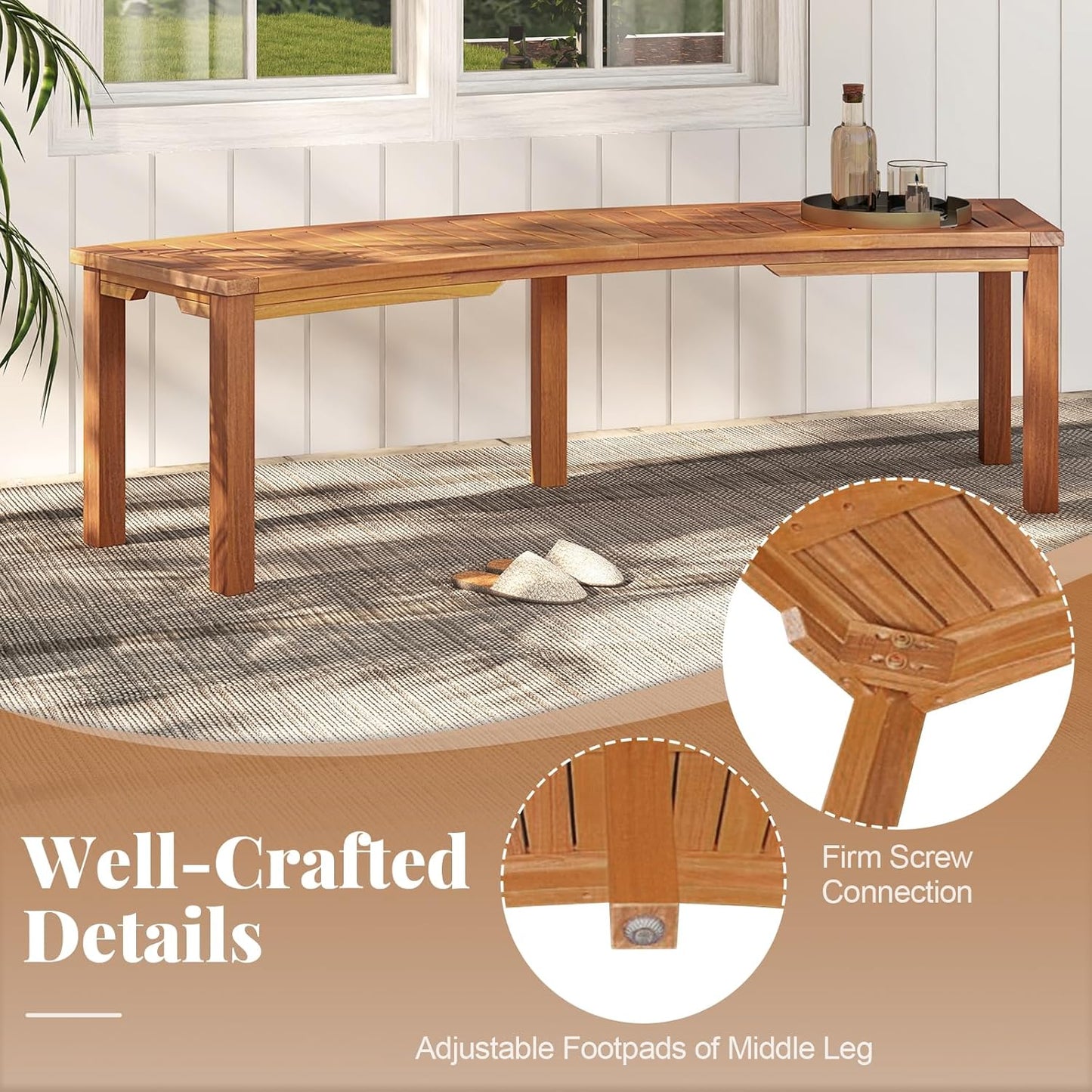 Tangkula Outdoor Curved Bench, Acacia Wood Fire Pit Bench w/Slatted Seat, Patio Backless 2-Person Seating for Porch, Yard, Garden, 800 LBS Max Load, Oil Painted (2, 58")