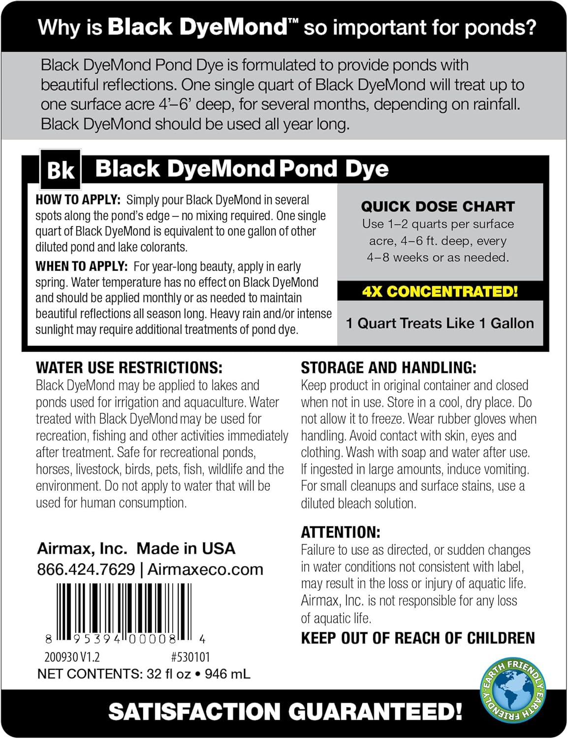 Airmax Black DyeMond Pond Dye 4X Concentrate for Outdoor Ponds & Lakes, Natural Pond Colorant & Beauty Enhancer, Block Ultraviolet Rays, Fish, Bird & Livestock Safe, Easy Liquid Application, 1 Quart
