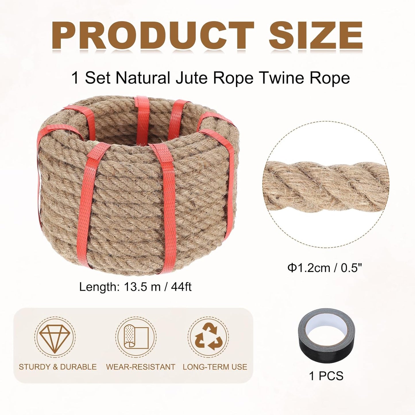 MECCANIXITY Jute Rope 0.5 Inch x 44ft, Thick Twine Rope Ropes Braided Jute Twine Natural Brown Burlap Cord String Heavy Twisted with Tape for Decorative Crafts Railing Swing Tug of War
