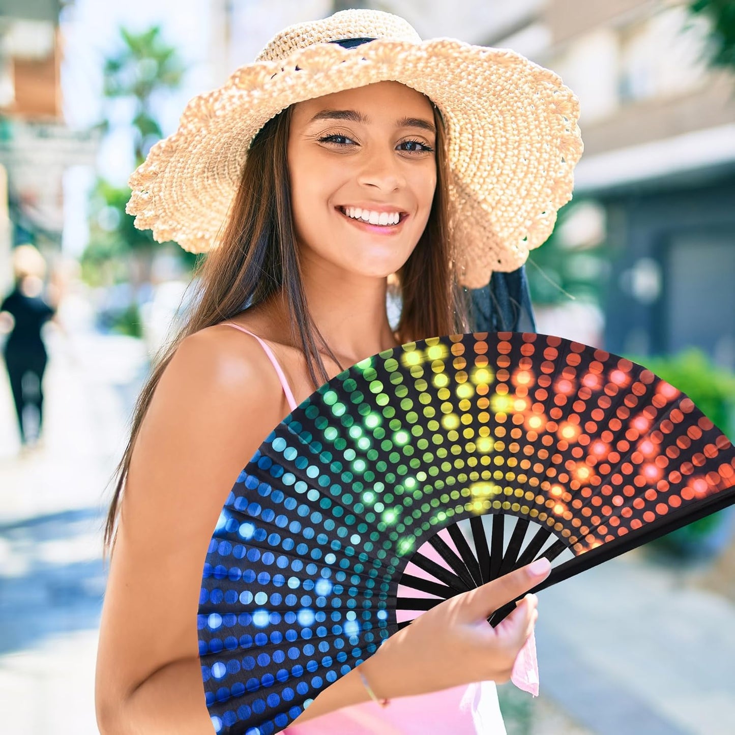 13-Inch Large Popping Fans for Line Dancing, Boots Ground Hand Fan Foldable for Women Dances, Music, Festival, Gift, Rave, Party(Polka Dots)
