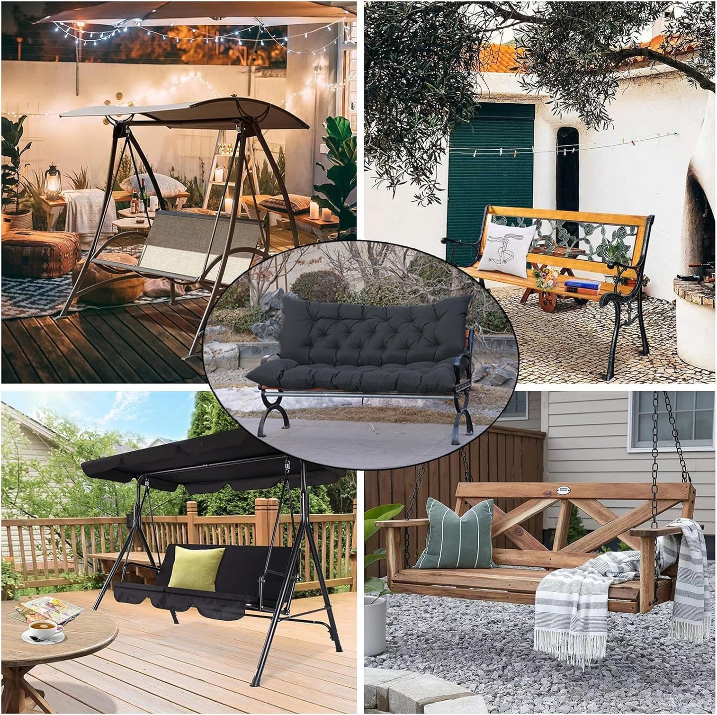 Porch Swing Cushions,Outdoor Cushions 3 Seater Replacement with Backrest, Waterproof Thickened Bench Cushion with Ties for Porch, Patio,Outdoor, Backyard and Garden (Black 60 * 40 in)