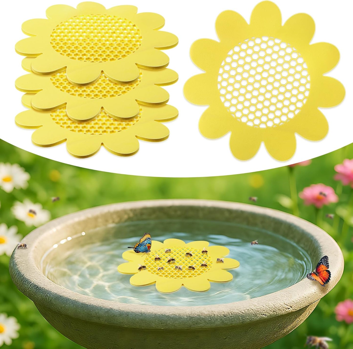 Enhon 4 Pack Bee Watering Station, 8.5 inch Sunflower Floating Bee Island, Butterfly Feeder, Pontoon Watering Station for Butterfly Insect Feeding, Bath and Outdoors Garden Decor