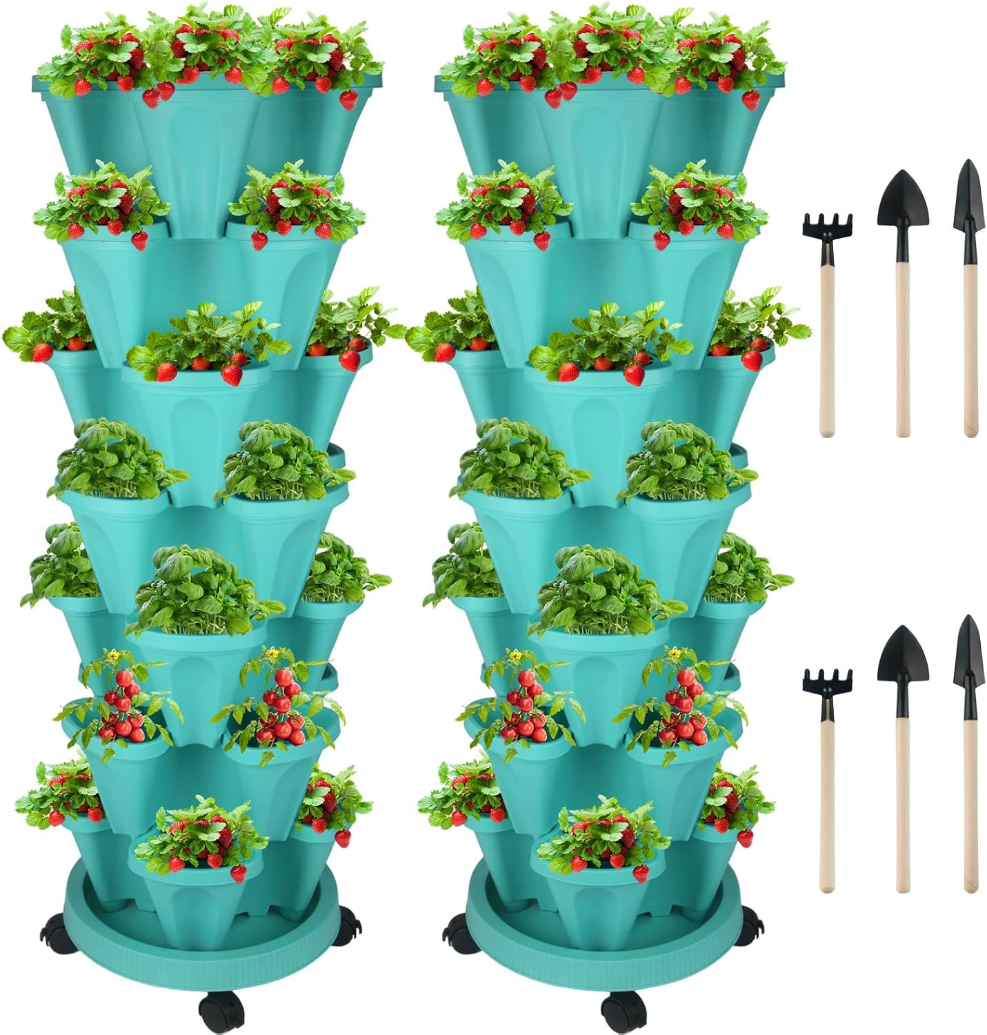 Vertical Planter 7 Tier Stackable Planters Garden Planters Strawberry Herb Flower and Vegetable Planter Indoor Outdoor Gardening Pots with Removable Wheels and Tools