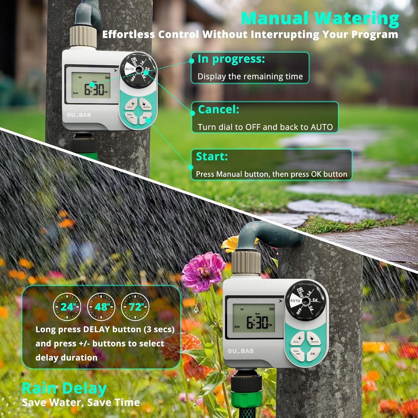 QUOBAS Weekly Plan Sprinkler Timer with Metal Inlet & Outlet, Water Timer for Garden Hose with Rain Delay/Manual Watering/Automatic Watering Controller System for Watering Lawn, Yard, Garden