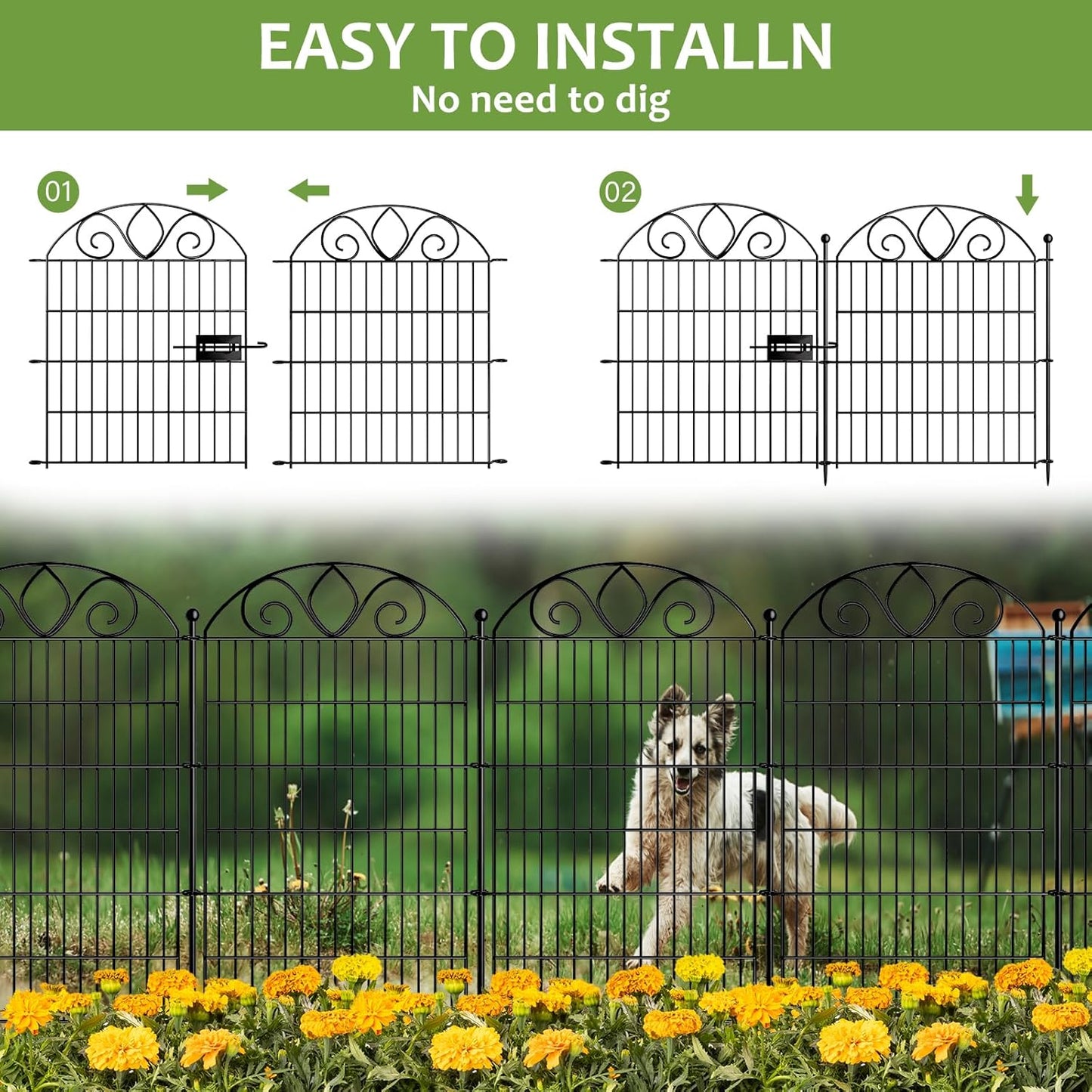 5 Panels No Dig Tall Garden Fence with Gate – 34" H X 11' L Rustproof Metal Dog Fence Outdoor for Yard, Decorative Animal Barrier Fence for Pet, Garden Border, Patio, Flower | Temporary Fencing
