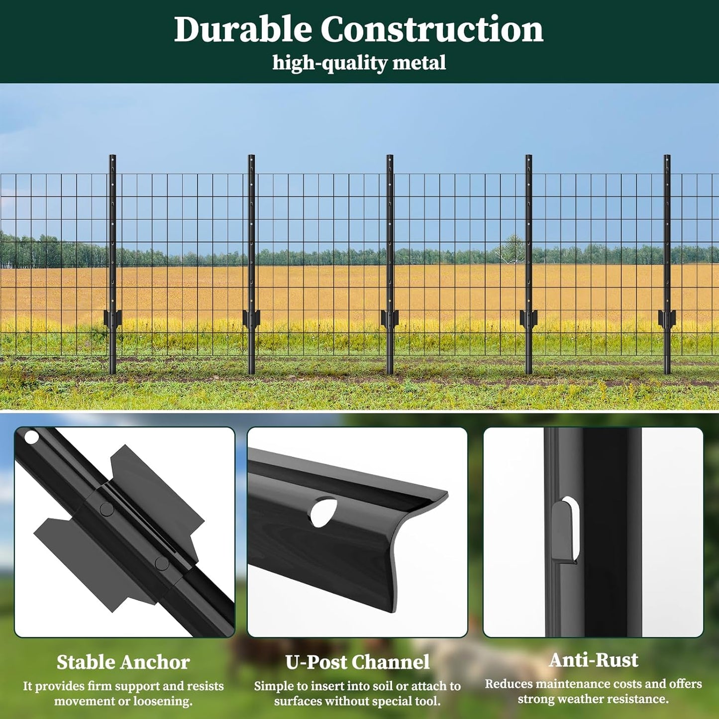 20 Pack Garden Fence Post, 4 Feet Heavy Duty Metal U-Post for Wire Fence, No Dig Garden Fence Stakes for Temporary Fencing, Electric Fence Wire, Corner Anchor, and More-Black