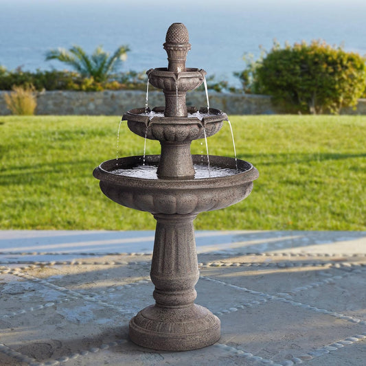 Rendaux 43" High Large Italian Outdoor Decor Gray Faux Stone Floor Fountain with Light LED Waterfall 3-Tier Standing Basin Water Feature for Outside Garden Patio Yard Backyard Porch - John Timberland