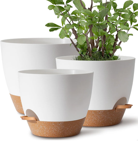 Plant Pots 12/10/9 inch Set of 3, Self Watering Flower Pots Indoor Outdoor, Planters with Drainage Hole Saucer Reservoir, White