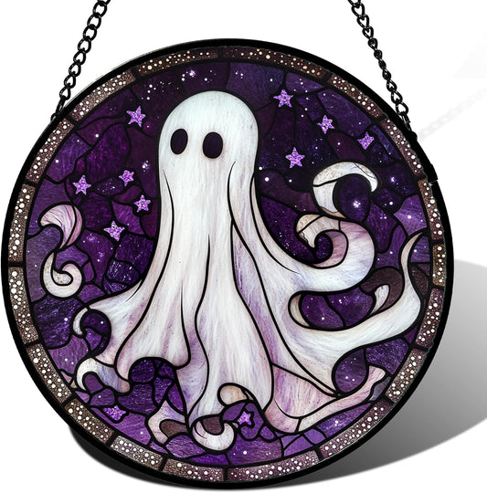 Stained Glass Window Hanging - Halloween Decorations White Ghost Purple Stars Suncatcher for Doors Garden Spooky Funny Sun Catchers Gothic Decor Horror Gifts for Women Men Friend 7.8 in
