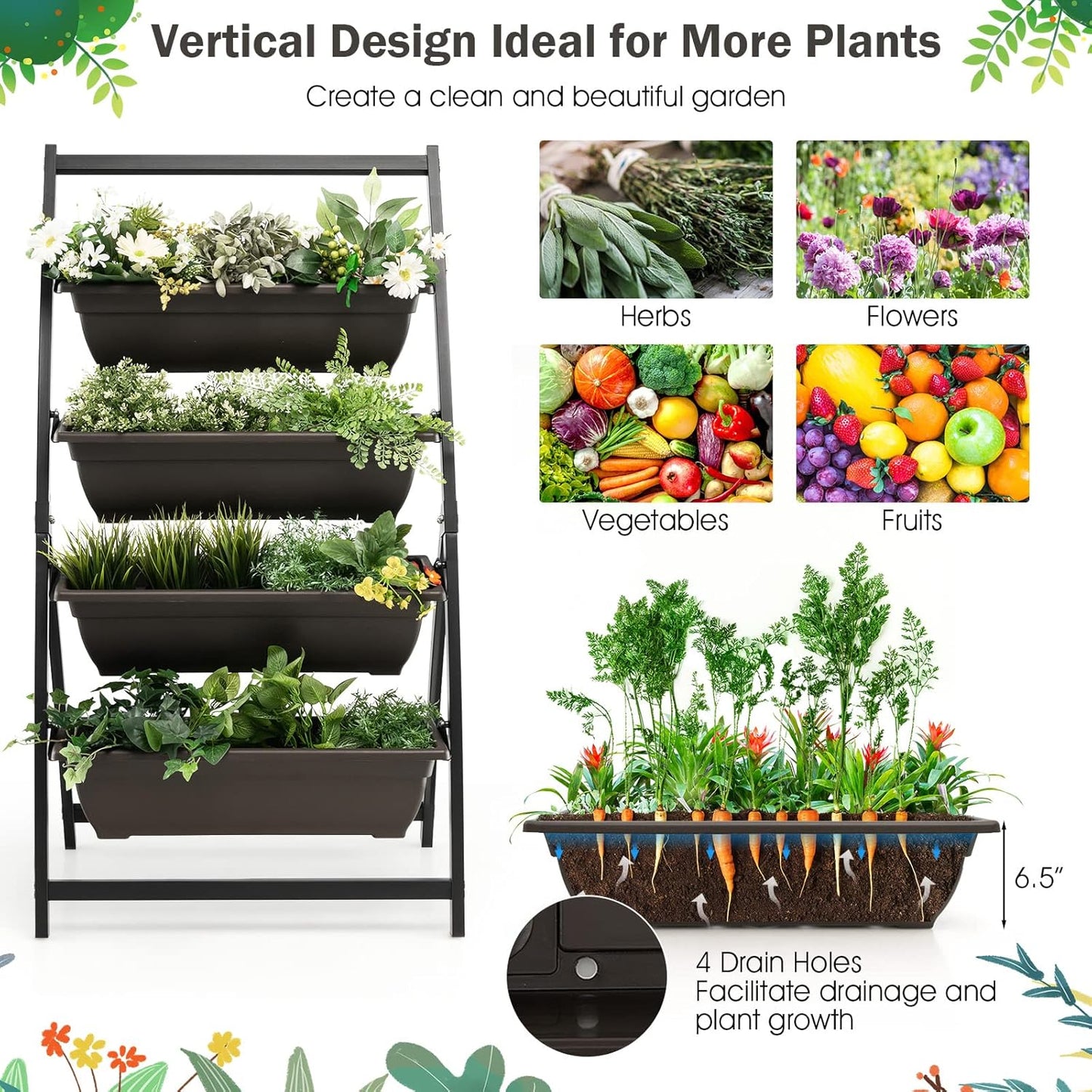 Giantex 2 Pcs 4.1FT Vertical Raised Garden Bed, 4-Tier Elevated Planter Box w/4 Containers & Drainage Holes, Indoor Outdoor Freestanding Planter for Vegetables, Herbs, Flowers, Heavy-Duty Metal Frame