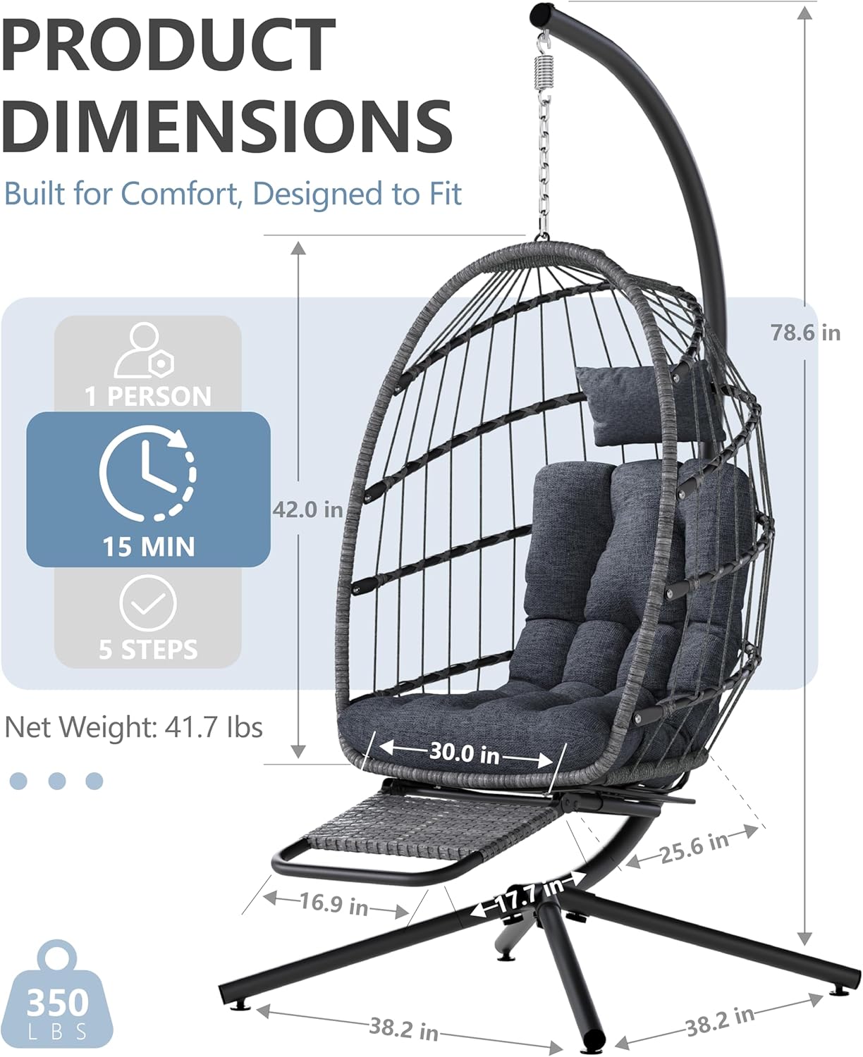 SWITTE Egg Chair Outdoor with Footrest & Stand, Indoor Wicker Hanging Egg Swing Chair with Cushion for Patio, Bedroom, Garden - Dark Gray