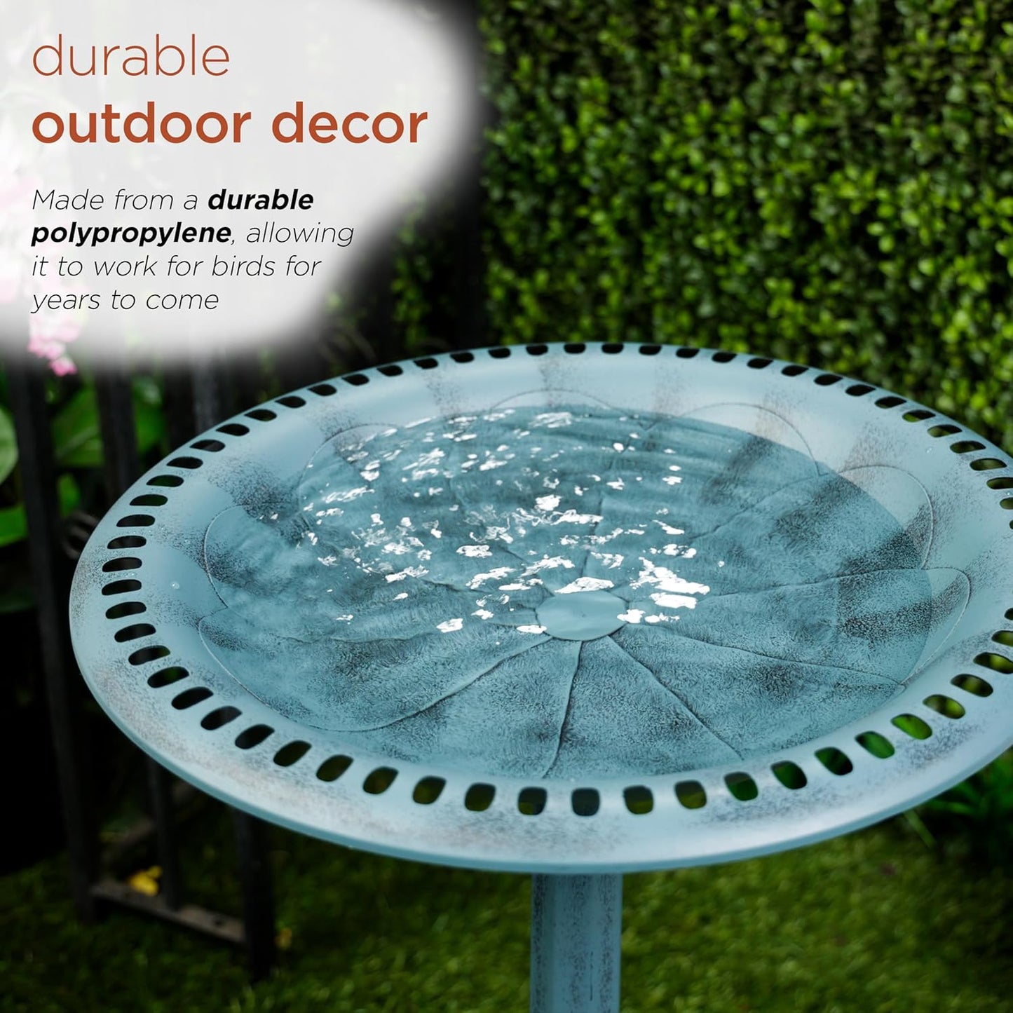 Alpine Corporation TEC116BL Pedestal Birdbath with Scrollwork Base and Ground Stakes, Décor for Lawn & Garden, 21" H, Blue