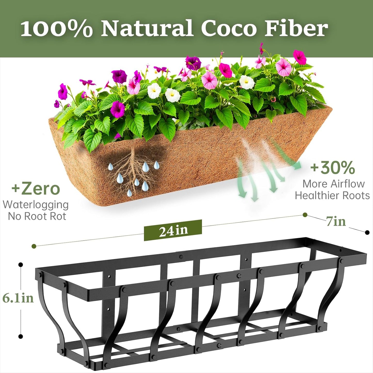 Railing Planter Boxes, Heavy Duty Wall-Mounted Window Box Planters with Coco Liner, Outdoor Window Flower Boxes for Windowsill, Deck, Porch, Balcony, and Patio Gardening (2 Pack, 24 Inch)