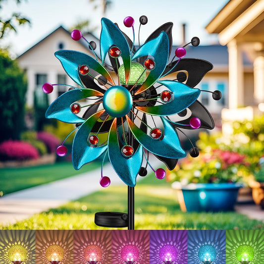 Solar Wind Spinners Outdoor - 58.8 inch Large Metal Kinetic Art Wind Sculptures Solar-Powered Multi-Color Lights Glass Ball with 360° Swivel Waterproof Windmill for Yard Garden Patio Lawn Decor