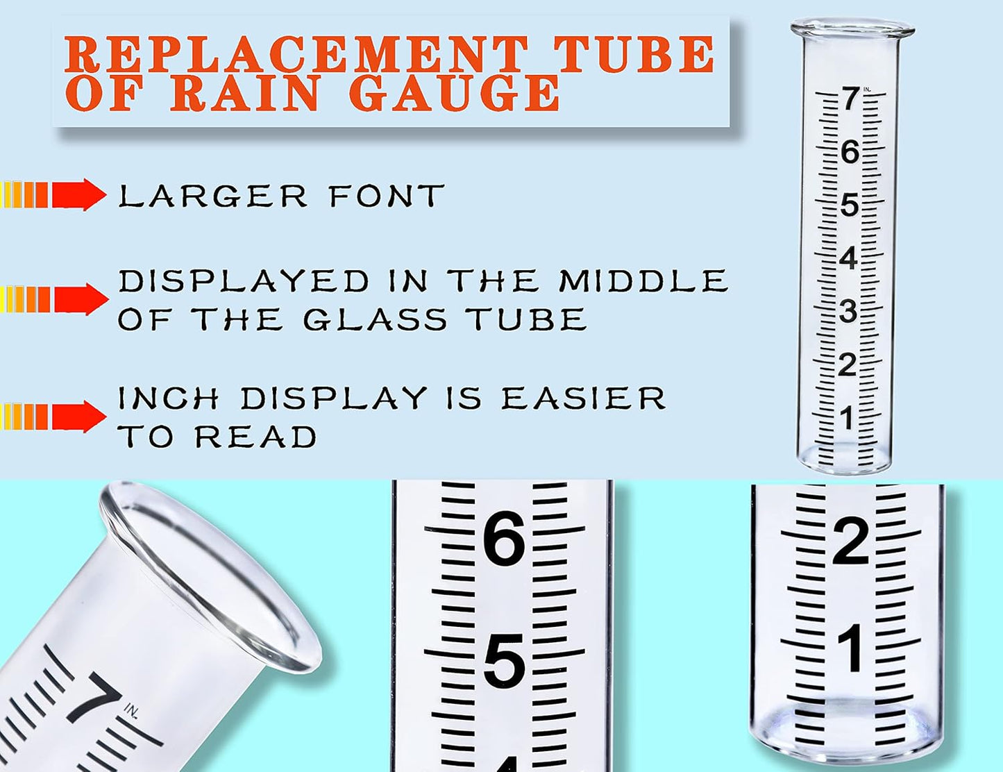 BIUWING 7" Capacity Glass rain Gauge Replacement Tube for Outdoors Yard Garden with Lip, Best Rated, Easy to Read (2 pcs)