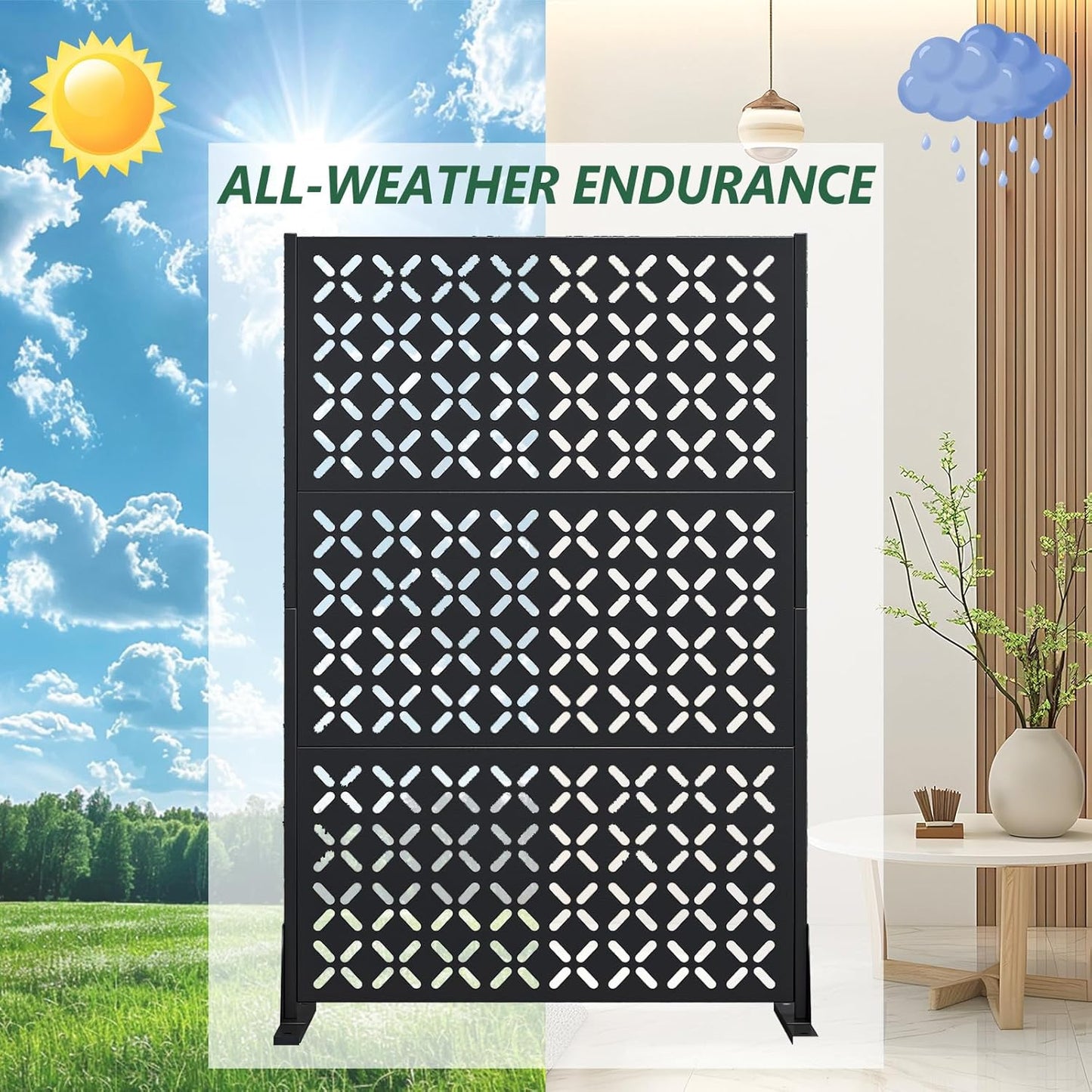 Metal Privacy Screen Outdoor 72" H×47" W,Freestanding Decorative Privacy Screen for Balcony Yard&Garden,Privacy Fence-Black&Louvered (X)