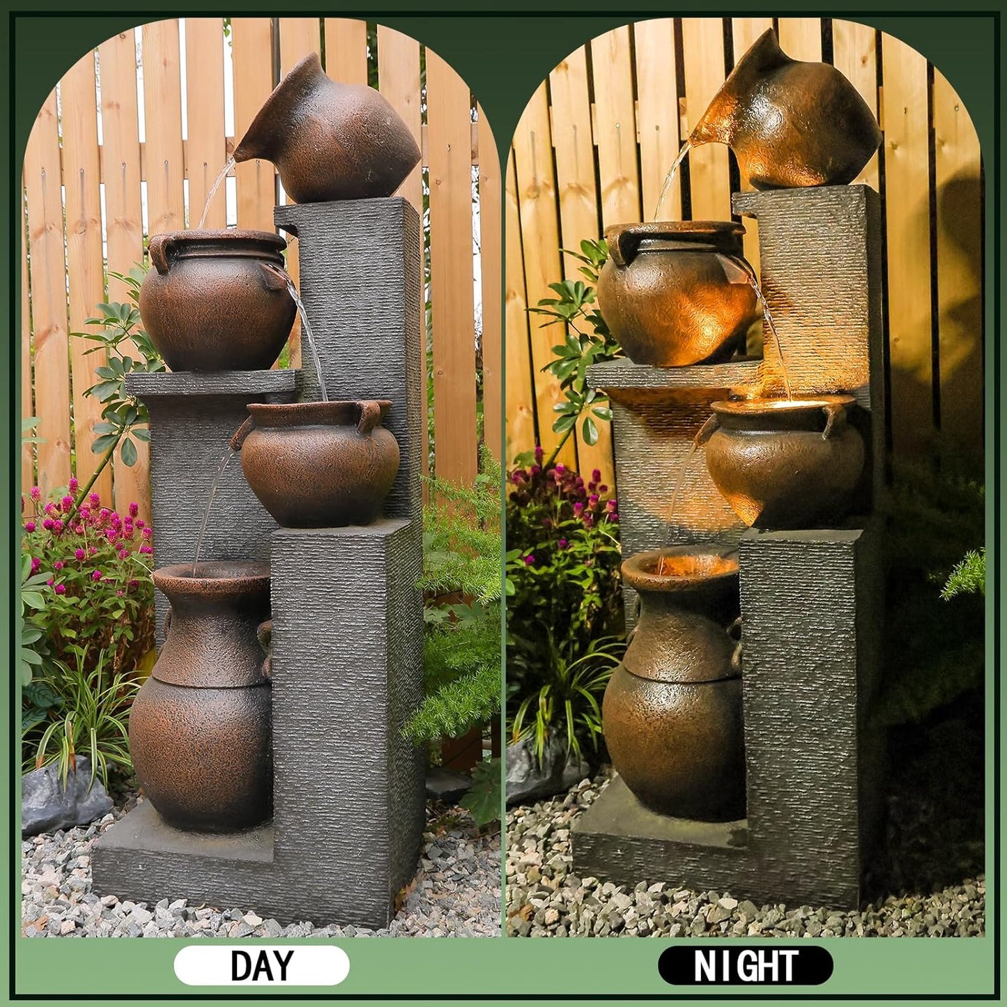 53" H Large Outdoor Water Fountain with Lights - 4 Tiered Cascading Bowls Waterfall Fountain for Garden, Patio, Backyard, Porch Inside - Freestanding Outdoor Water Feature Gold